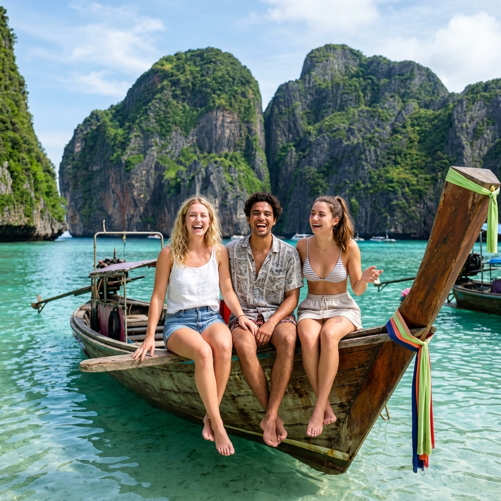 Three friends smiling on a longtail boat in Thailand