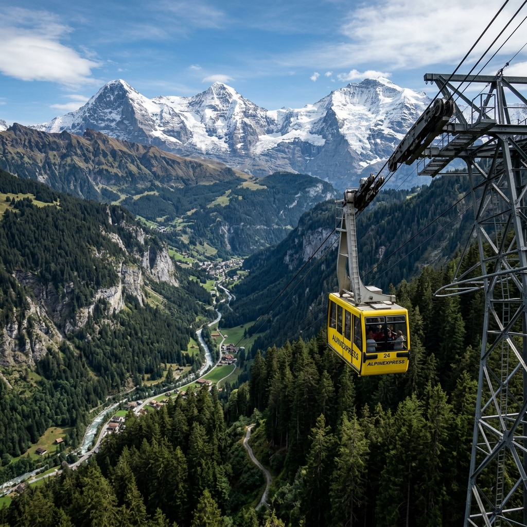 Yellow cable car traveling over alpine valley