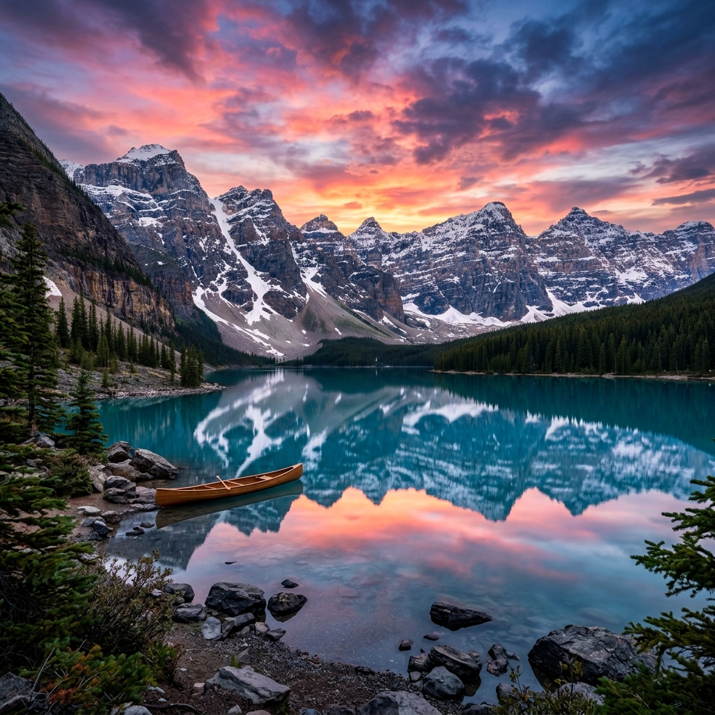 Tranquil mountain lake at sunset reflecting peaks
