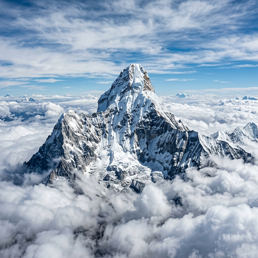 Snowy mountain peak with clouds