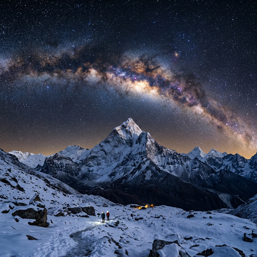 Milky way galaxy over snowy mountains at night