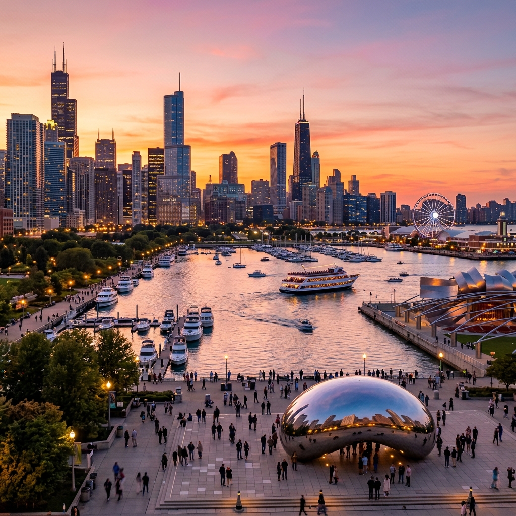 Chicago skyline waterfront reflection at sunset