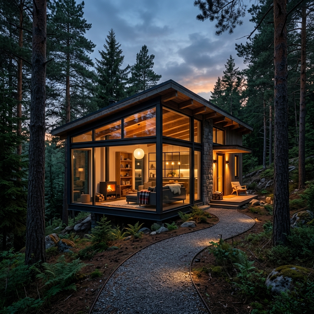 Forest Green Lodge glass cabin in pine woods