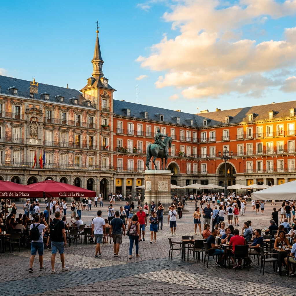 Madrid historic plaza view with tourists walking
