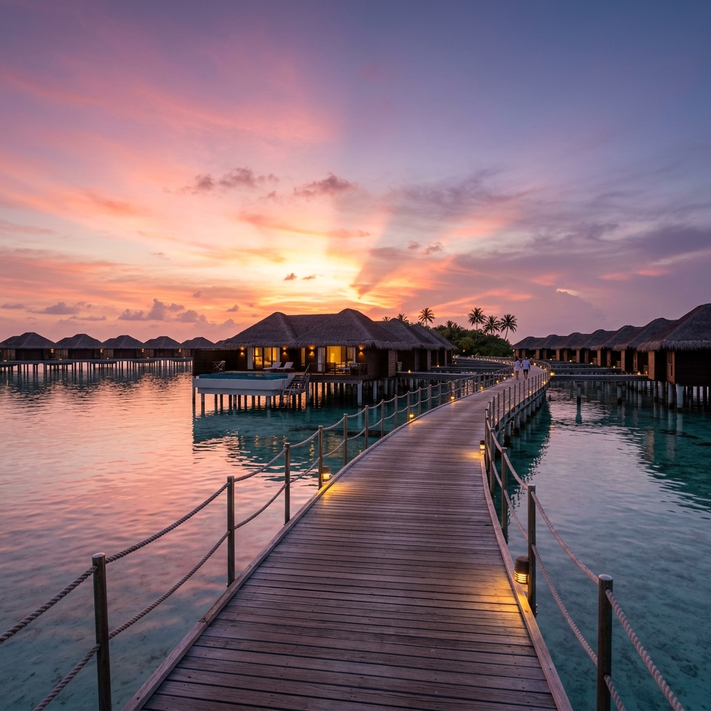 Maldives sunset luxury overwater villas